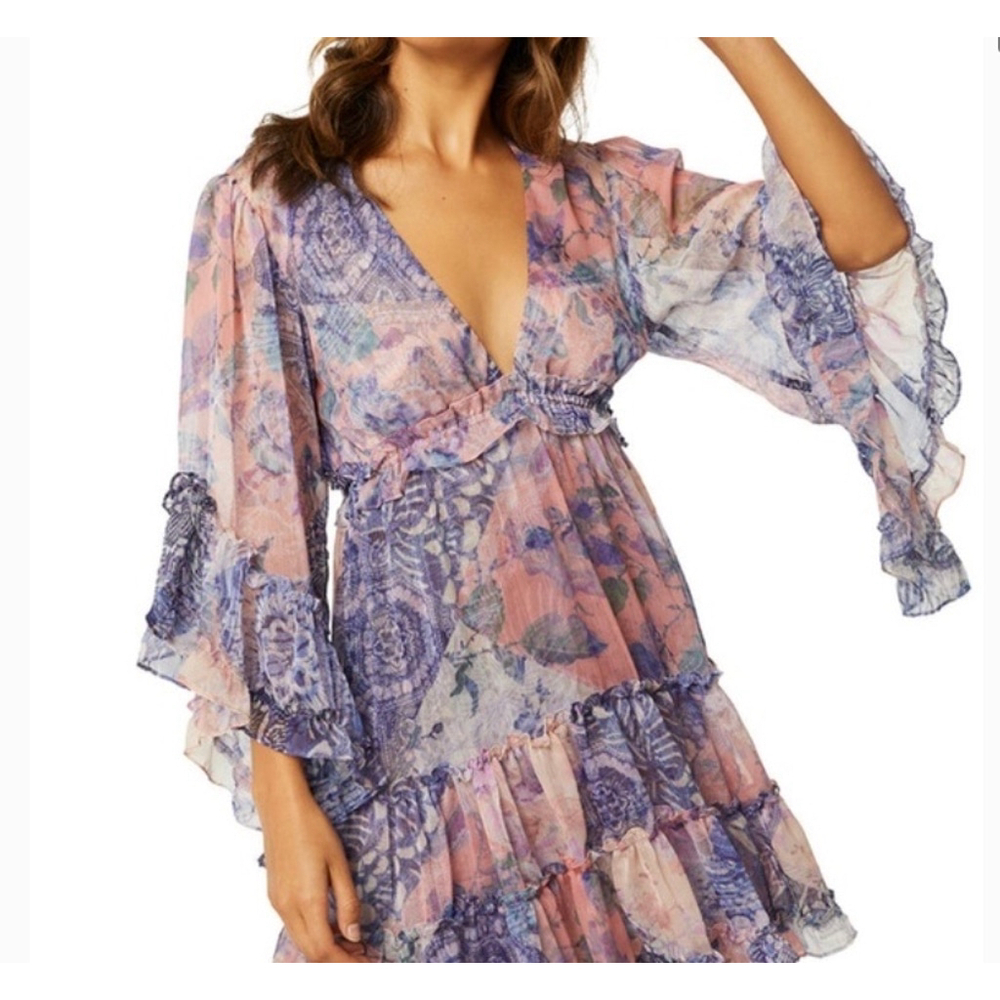 Misa Los Angeles Womens Yasemin fairy Patchwork Dress XS or S Blue Pink Floral